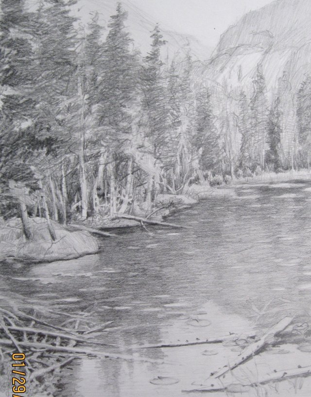 This drawing seeks to capture the type of lakes that run along the eastern base of the Tetons.